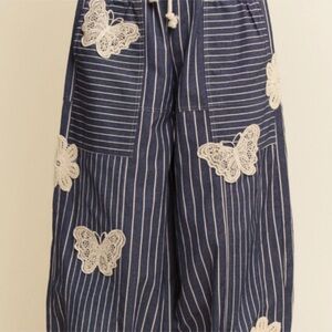 DAVI & DANI Navy Striped Pants with Cream Lace Accents